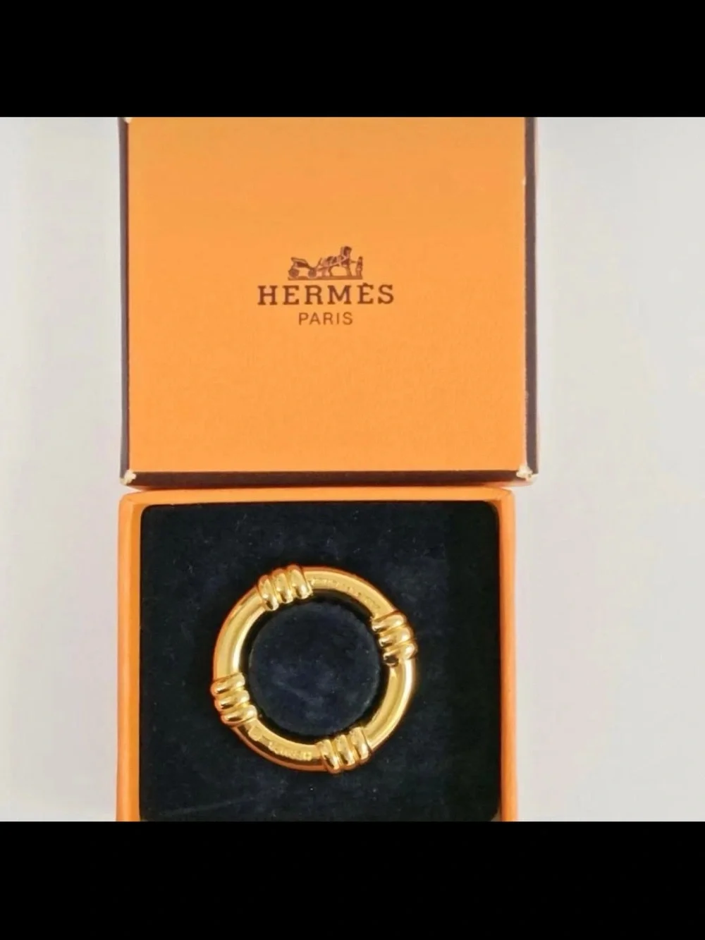 Hermes Shiny Gold Scarf Ring Charm with Ribbed Accents